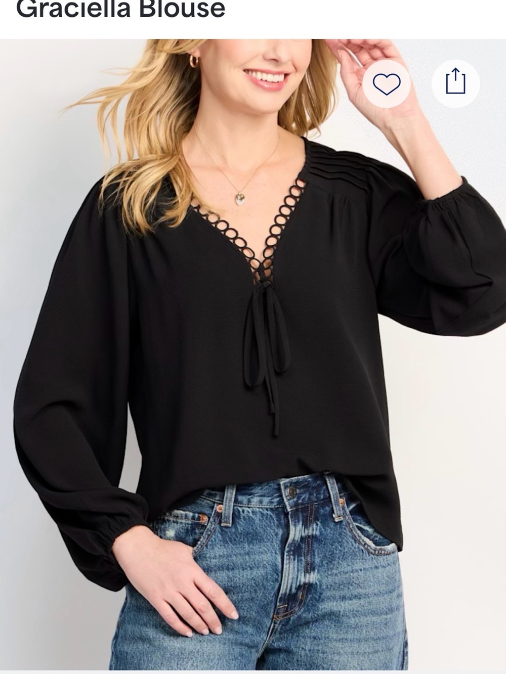CeCe Black Tie-Front V-Neck Blouse with Loop Trim